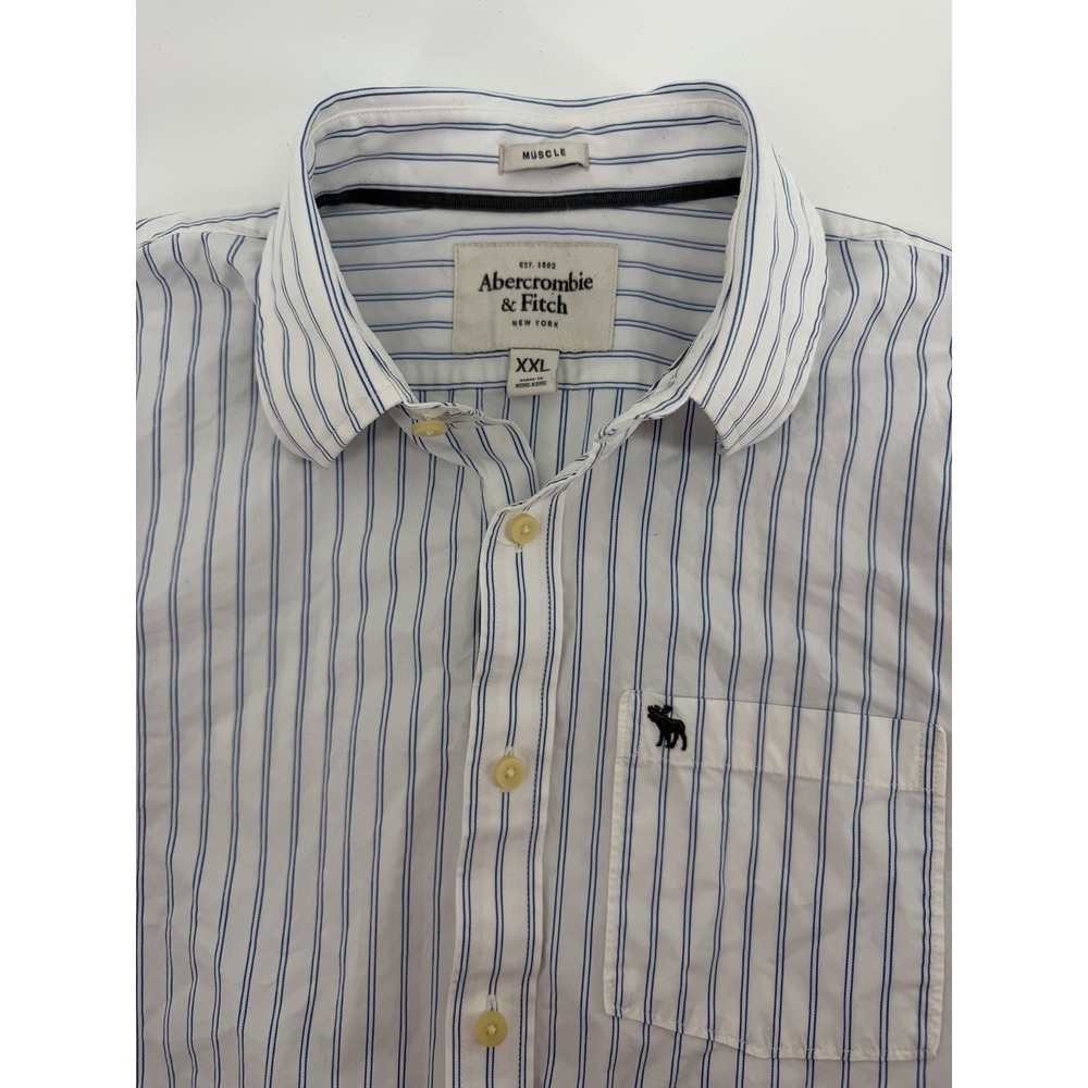 Men's Abercrombie & Fitch Muscle‎ White Blue Striped Long Sleeve Shirt XXL